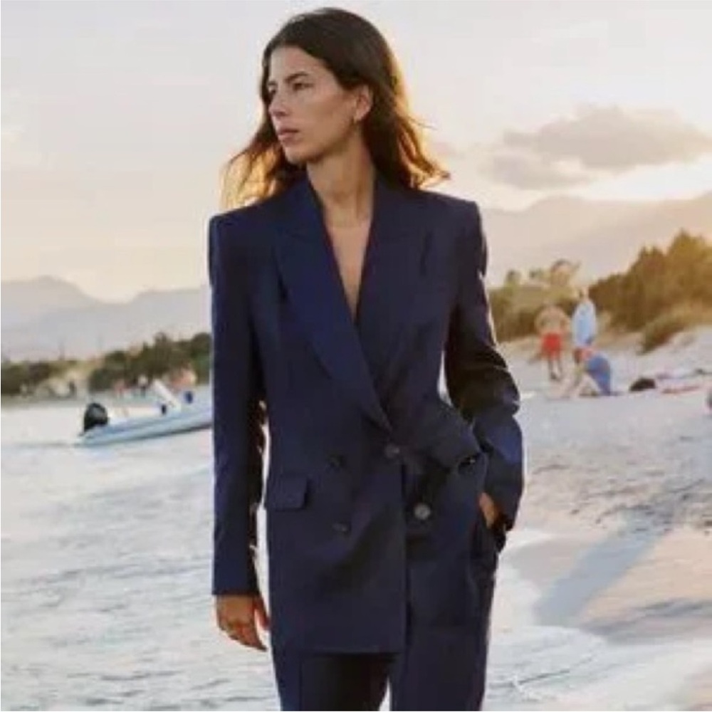 NWT Zara 100% Linen Double Breasted Blazer in Navy Blue